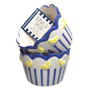 Luna & Sage Set of 2 Bowls Lemons Ceramic Hand Painted White/Blue/Yellow